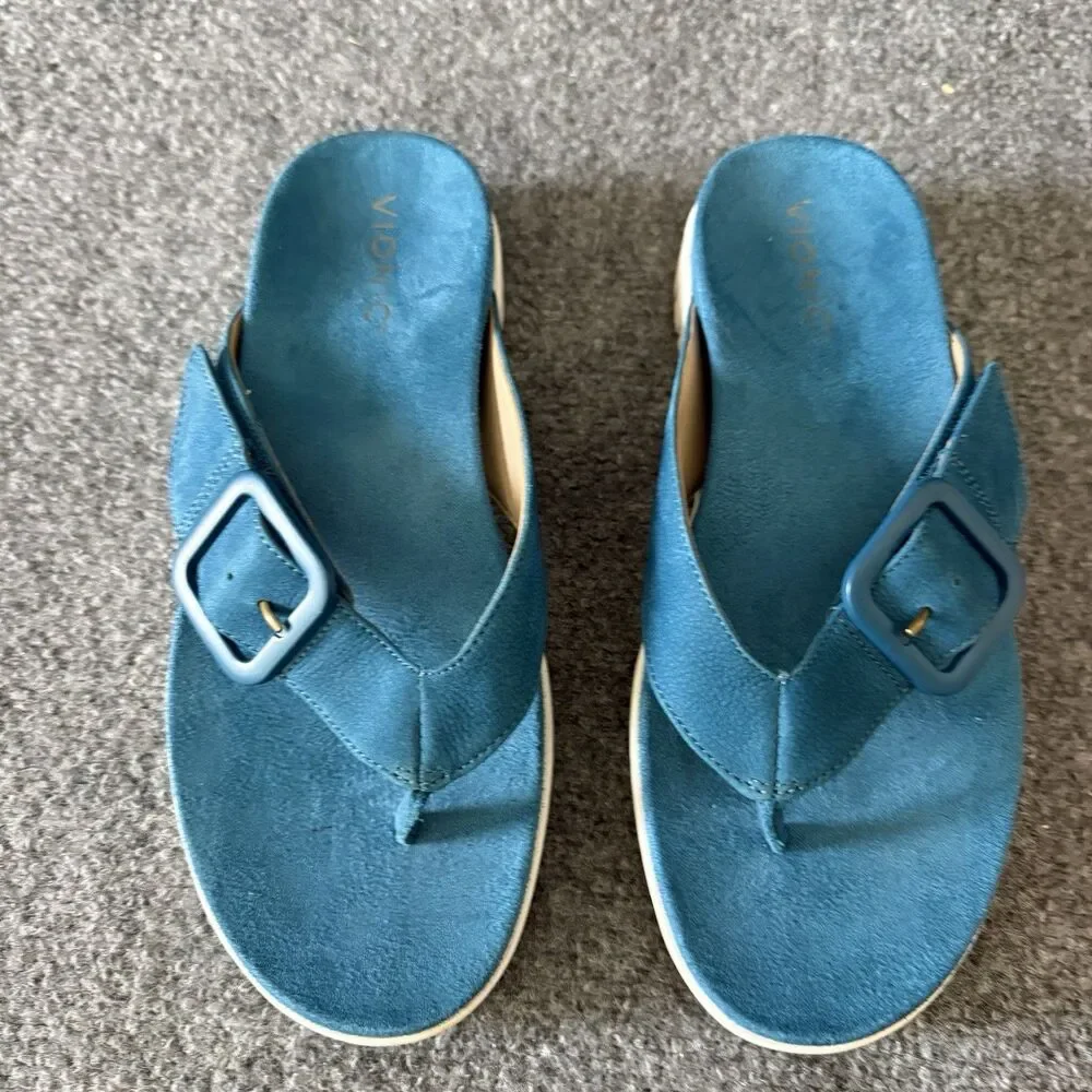 Vionic Uptown Marin Celestial Teal Nubuck Orthotic Thong Sandals Women's Size 8